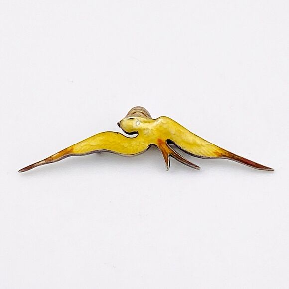 Paye & Baker Swallow Bird Flight Brooch Sterling Silver Yellow Guilloche Enamel - Picture 4 of 7